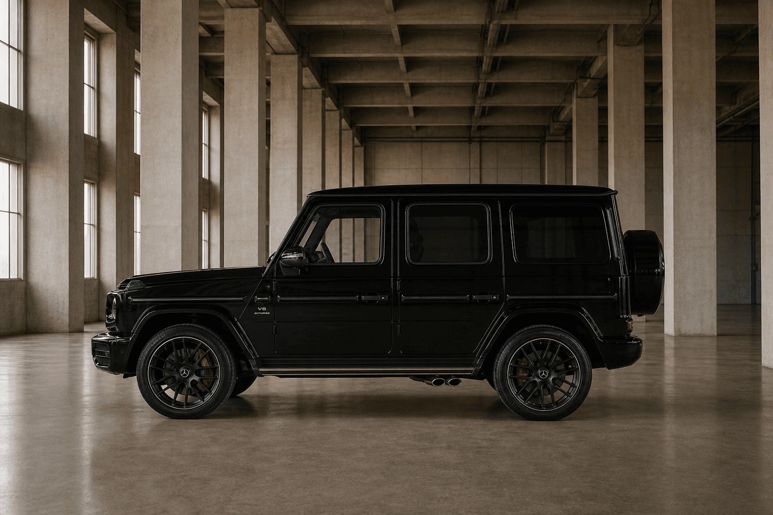 Side profile of the black Mercedes-AMG G63