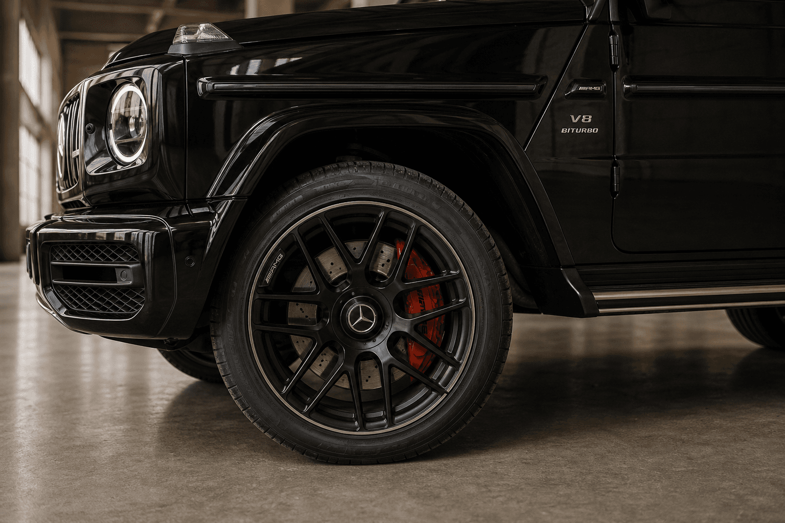 Black alloy wheel and front bodywork of the Mercedes-AMG G63