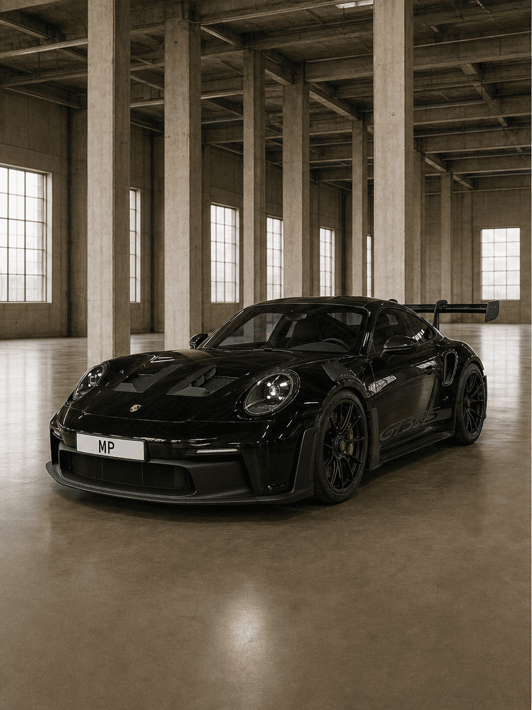 Black Porsche 911 GT3 RS shown from front and rear in a warehouse