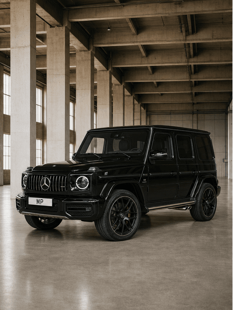 Black Mercedes-AMG G63 shown from front and rear in a warehouse
